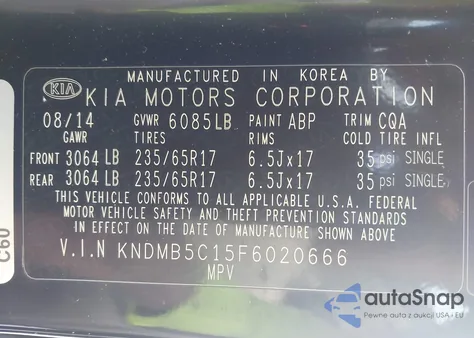 2015 Kia Sedona Lx z USA, uszkodzony, nr VIN KNDMB5C15F6020666